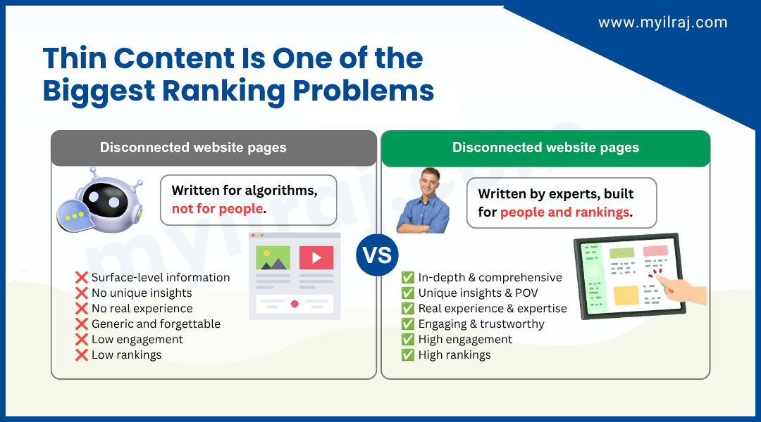 Thin AI generated content compared with expert written helpful content for Google rankings