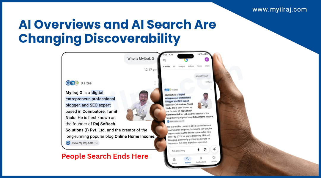 AI search result for Myilraj. G illustrating how AI Overviews are changing business discoverability