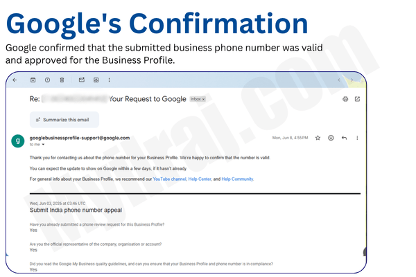 Google confirmation that the submitted phone number was approved Google confirmation that the submitted phone number was approved