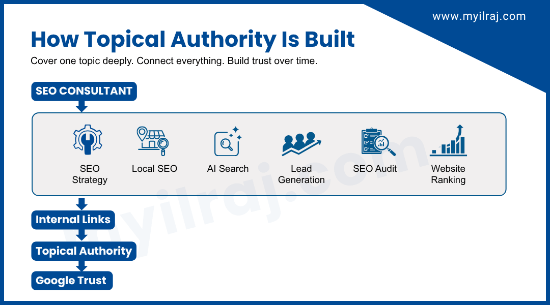 Topical authority is built by connecting SEO strategy, Local SEO, AI search, lead generation, SEO audit, and website ranking content.