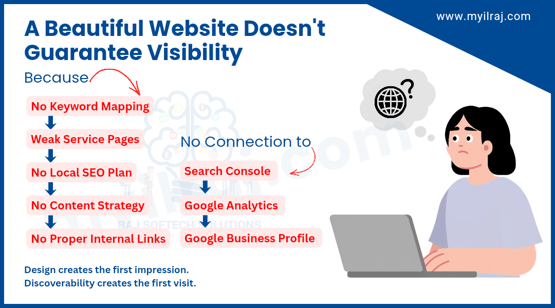 Website visibility problems caused by missing SEO, content, internal links and analytics connections
