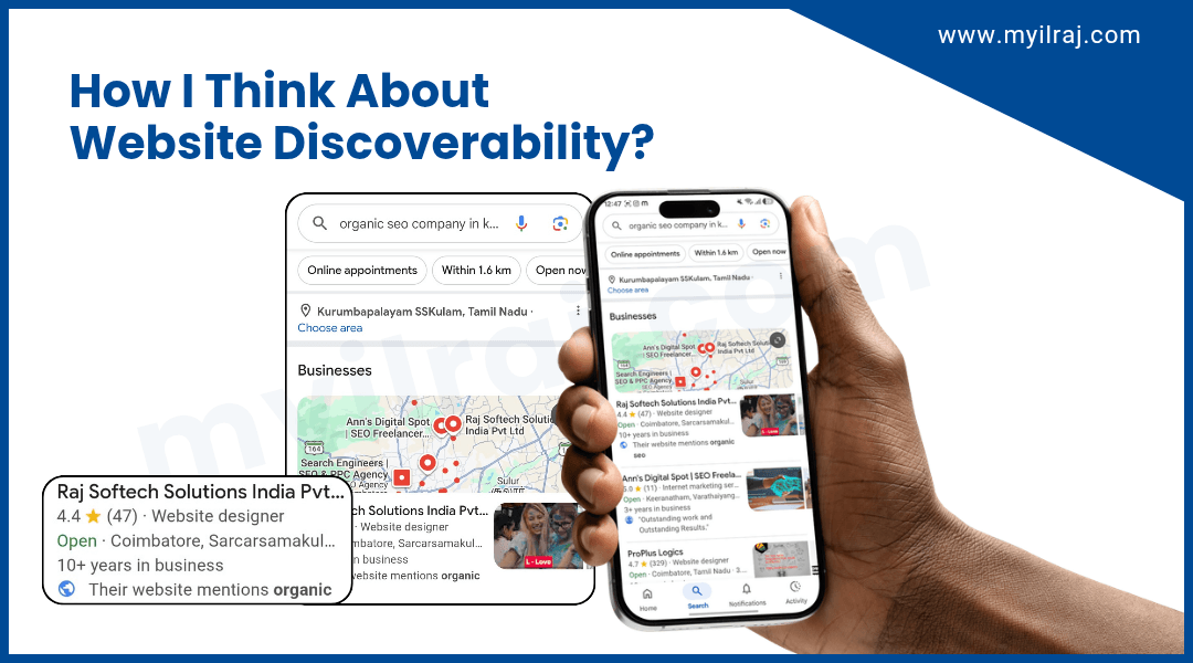 Google Search and Maps results illustrating Myilraj. G’s approach to website discoverability